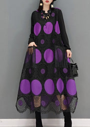 Fashion Purple pockets dot print Patchwork lace Maxi Dress Spring