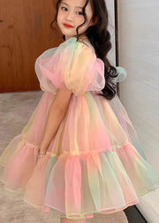 Fashion Rainbow Gradient Ruffled Patchwork Tulle Kids Girls Dress Puff Sleeve