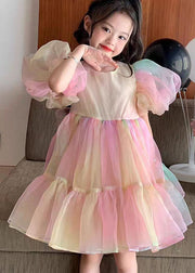 Fashion Rainbow Gradient Ruffled Patchwork Tulle Kids Girls Dress Puff Sleeve