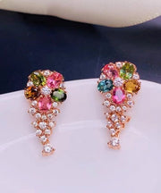 Fashion Rainbow Sterling Silver Overgild Zircon Crystal Floral Stud Earrings