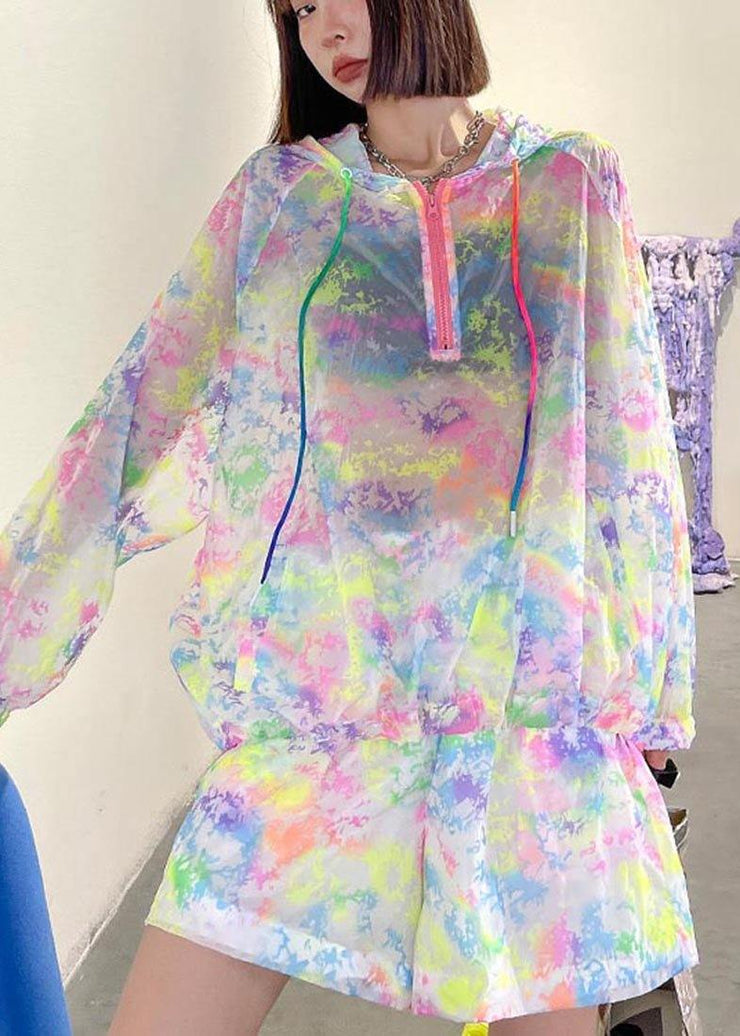 Fashion Rainbow Tie Dye UPF 50+ Coat Jacket Two Pieces Set Summer - SooLinen