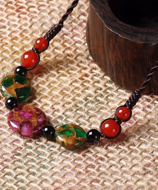Fashion Red Agate Green Agate Golden Colored Stone Graduated Bead Necklace