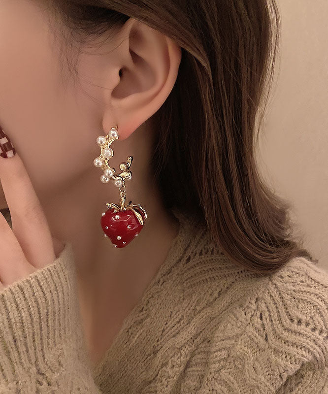 Fashion Red Alloy Zircon Jade Strawberry Drop Earrings