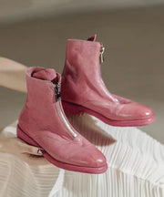 Fashion Red Boots Cowhide Leather Handmade Splicing Zippered
