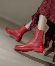 Fashion Red Boots Cowhide Leather Handmade Splicing Zippered