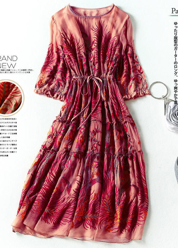 Fashion Red Embroidered Cinched Silk Dresses Bracelet Sleeve