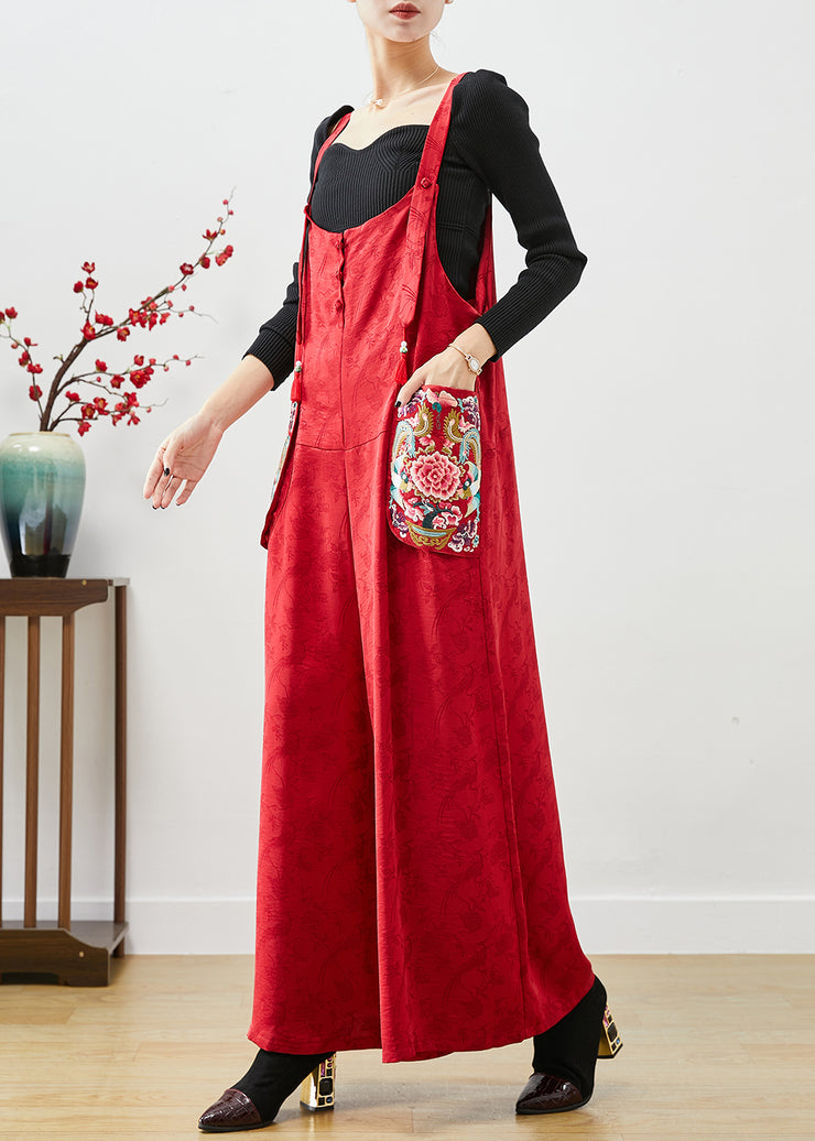 Fashion Red Embroidered Pockets Silk Jumpsuit Fall