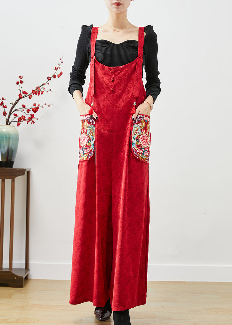 Fashion Red Embroidered Pockets Silk Jumpsuit Fall