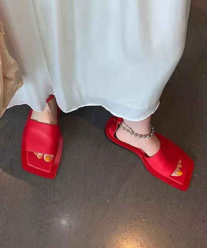 Fashion Red Faux Leather Flat Sandals Peep Toe Buckle Strap