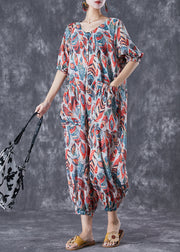 Fashion Red Feather Print Pockets Linen Jumpsuit Summer