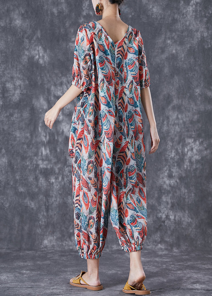 Fashion Red Feather Print Pockets Linen Jumpsuit Summer