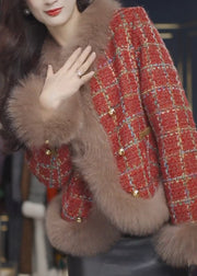 Fashion Red Fur Collar Plaid Patchwork Woolen Coats Spring