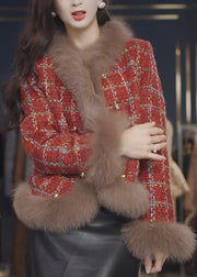Fashion Red Fur Collar Plaid Patchwork Woolen Coats Spring