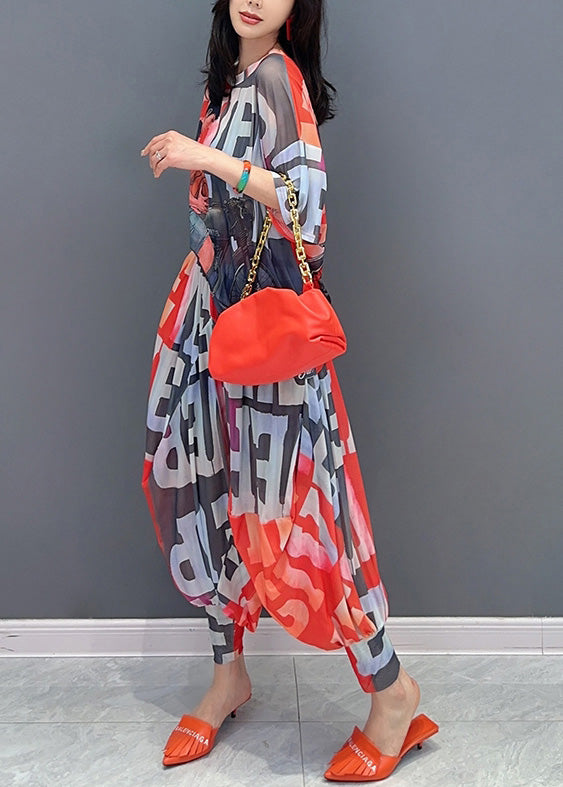 Fashion Red Graphic Print Chiffon Top And Lantern Pants Two Piece Set Short Sleeve