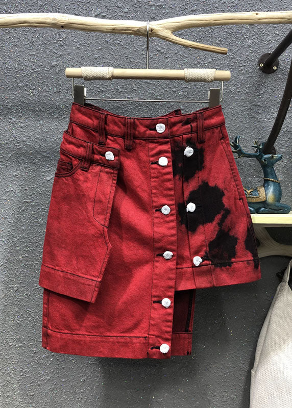 Fashion Red High Waist Patchwork Button Asymmetrical Denim Skirt Summer