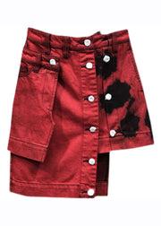 Fashion Red High Waist Patchwork Button Asymmetrical Denim Skirt Summer