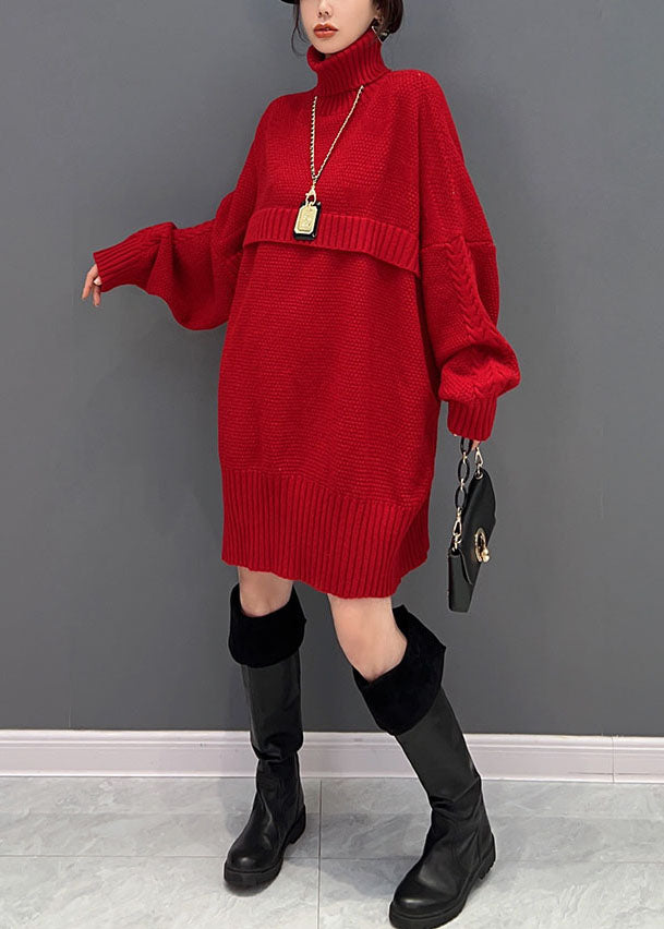 Fashion Red Hign Neck Oversized Thick Knit Sweaters Winter