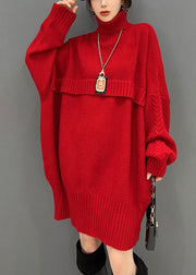 Fashion Red Hign Neck Oversized Thick Knit Sweaters Winter
