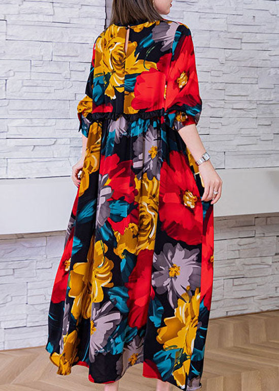 Fashion Red O-Neck Cinched Floral print Silk beach Dresses Spring