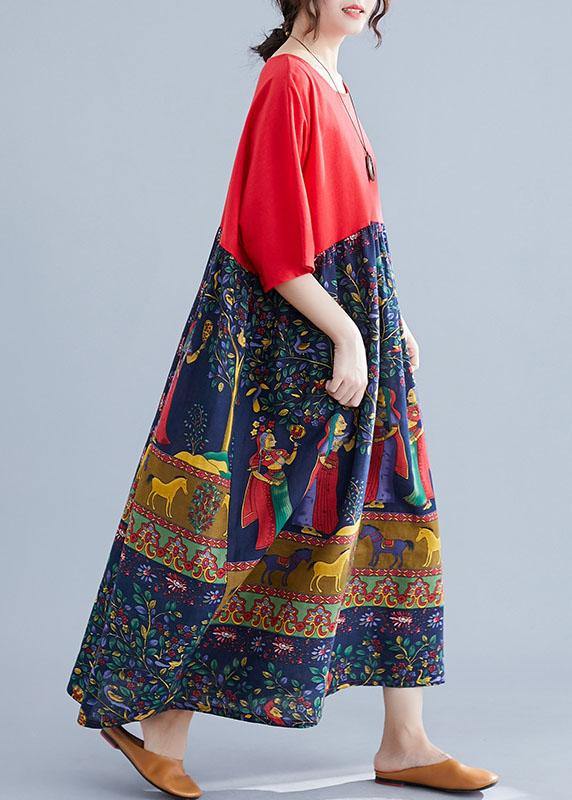 Fashion Red O-Neck Patchwork Print Pockets Summer Maxi Dresses - SooLinen