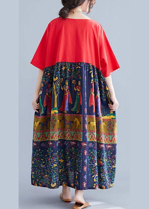 Fashion Red O-Neck Patchwork Print Pockets Summer Maxi Dresses - SooLinen