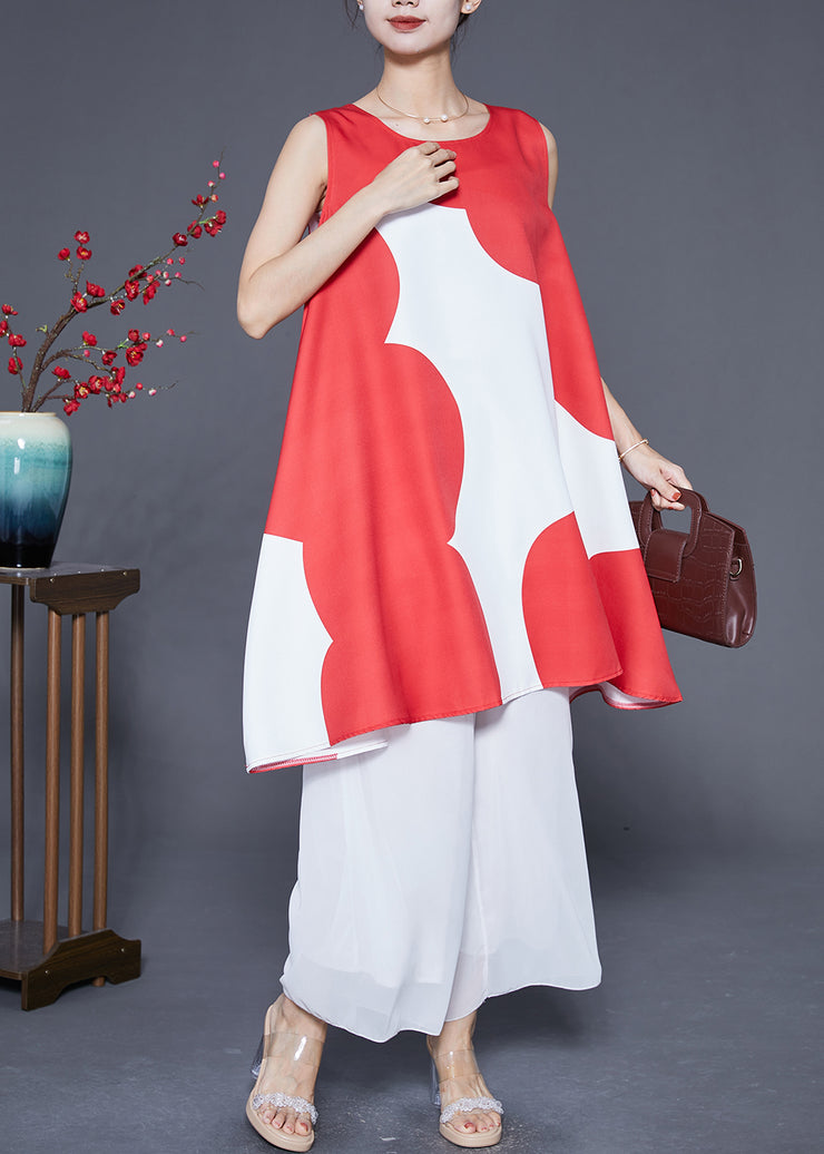 Fashion Red O-Neck Print Satin A Line Dress Summer