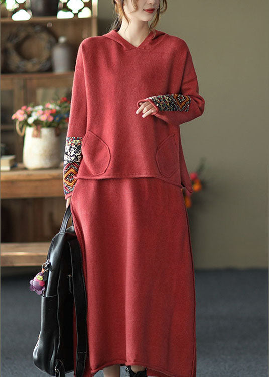 Fashion Red Oriental hooded Knit Fall Two Pieces Set