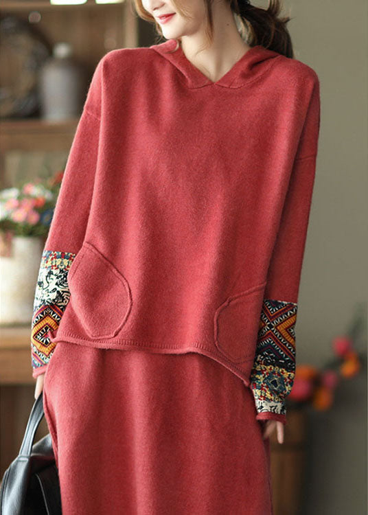 Fashion Red Oriental hooded Knit Fall Two Pieces Set