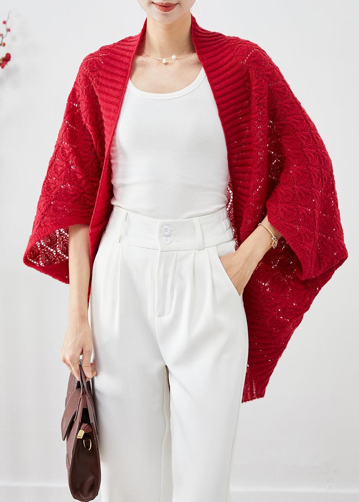 Fashion Red Oversized Hollow Out Knit Cardigan Fall