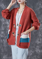 Fashion Red Oversized Patchwork Pockets Knit Cardigan Fall