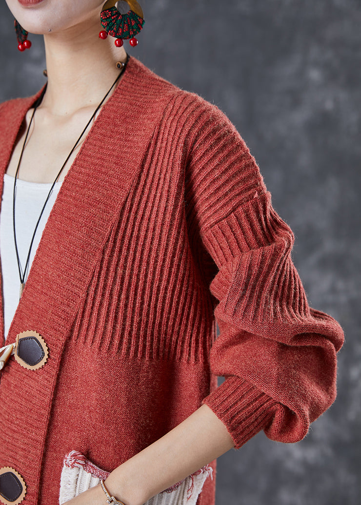 Fashion Red Oversized Patchwork Pockets Knit Cardigan Fall