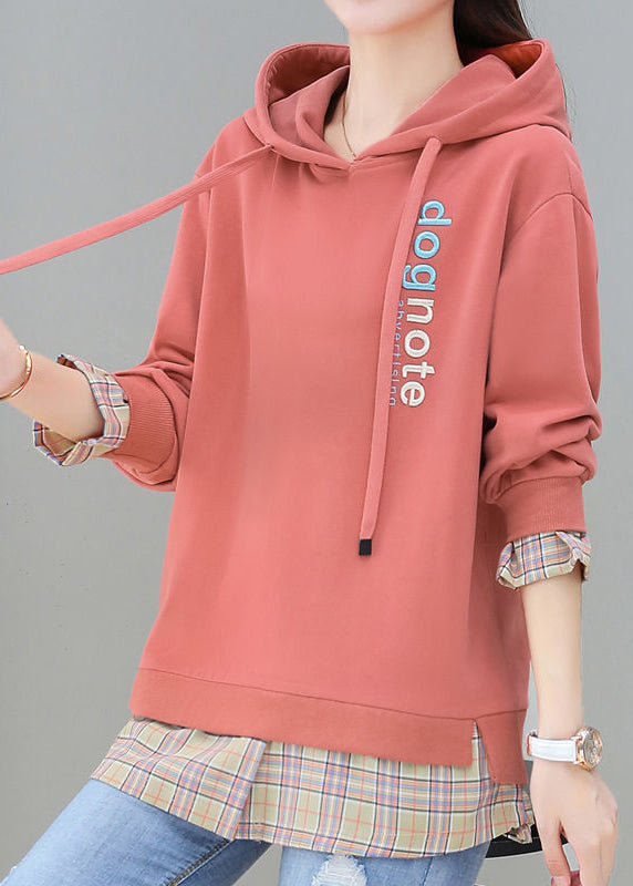 Fashion Red Patchwork Fake Two Pieces Hooded Cotton Sweatshirt Long Sleeve