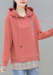 Fashion Red Patchwork Fake Two Pieces Hooded Cotton Sweatshirt Long Sleeve