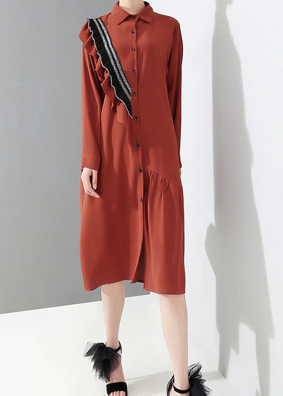 Fashion Red Peter Pan Collar Asymmetrical Ruffled shirt Dress Spring