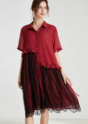 Fashion Red Peter Pan Collar Lace Patchwork Tasseled Chiffon Day Dress Spring