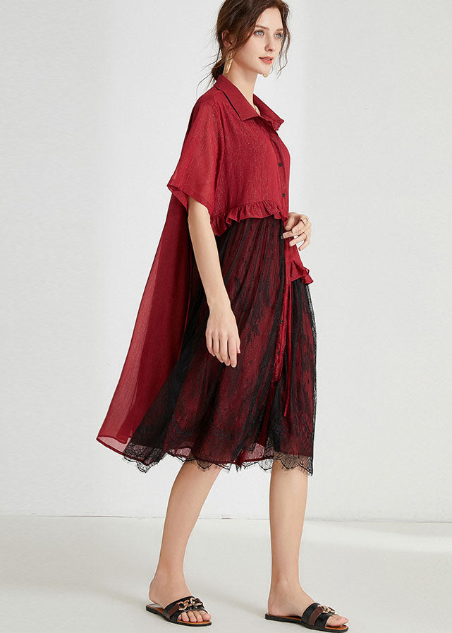 Fashion Red Peter Pan Collar Lace Patchwork Tasseled Chiffon Day Dress Spring