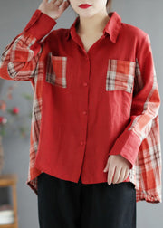 Fashion Red Plaid Patchwork PeterPan Collar Button Fall Shirt Long sleeve