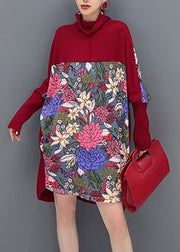 Fashion Red Print Knit Patchwork Tops Long Sleeve