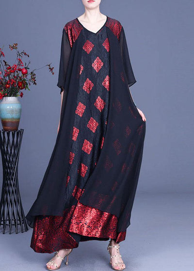 Fashion Red Print Patchwork Summer Silk Party Dress - SooLinen