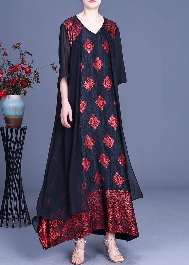 Fashion Red Print Patchwork Summer Silk Party Dress - SooLinen