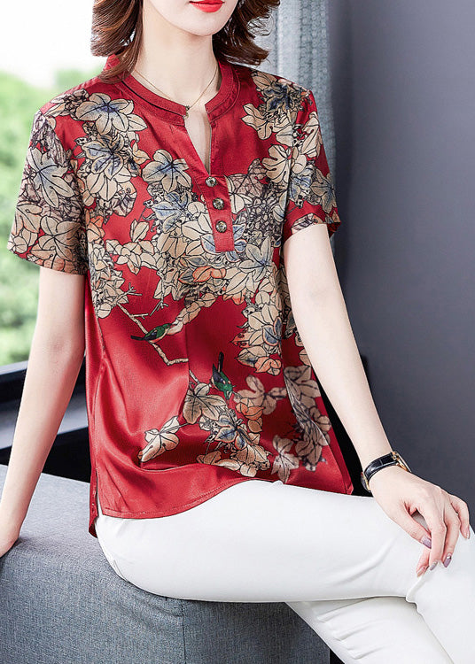 Fashion Red Print Silk Shirt Summer