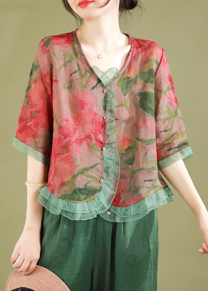 Fashion Red Ruffled Button Patchwork Linen Blouse Top Summer