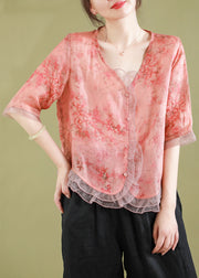 Fashion Red Ruffled Button Patchwork Linen Blouse Top Summer