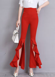 Fashion Red Ruffled Side Open Slim Bell Bottomed Trousers Summer