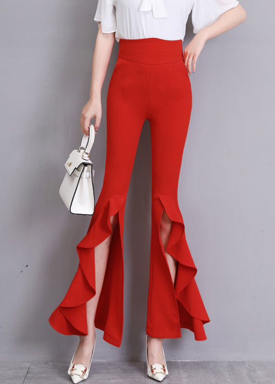 Fashion Red Ruffled Side Open Slim Bell Bottomed Trousers Summer