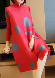 Fashion Red Stand Collar Dot Print Side Open Holiday Dresses Spring