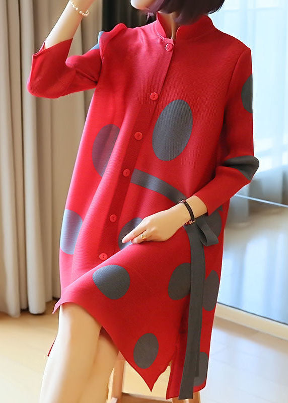 Fashion Red Stand Collar Dot Print Side Open Holiday Dresses Spring