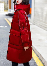 Fashion Red Stand Collar Zippered Patchwork Bright Hooded Long Fine Cotton Filled Coats Winter