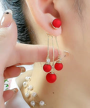 Fashion Red Stering Silver Overgild Pearl Zircon Tassel Drop Earrings