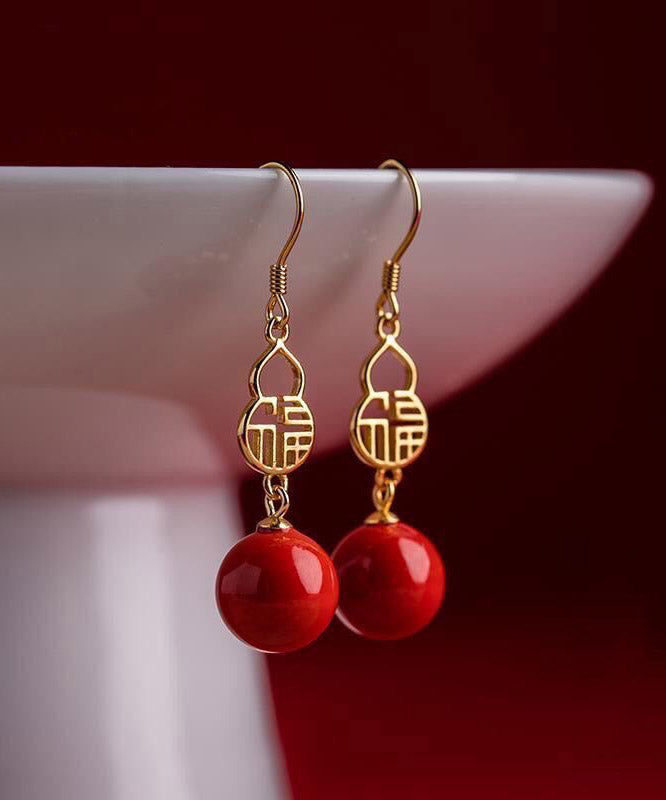 Fashion Red Sterling Silver Agate Gourd Drop Earrings